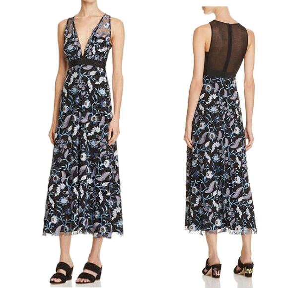 Sandro Floral Embroidered Midi Dress Black Cocktail Party Plunge V-neck Beaded - Picture 1 of 16